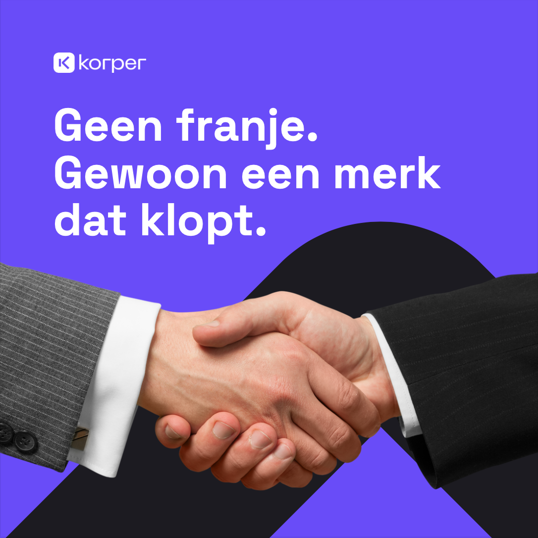 Afbeelding waarop 2 handen worden geschud met daarbij de tekst 'Geen franje. Gewoon een merk dat klopt.'